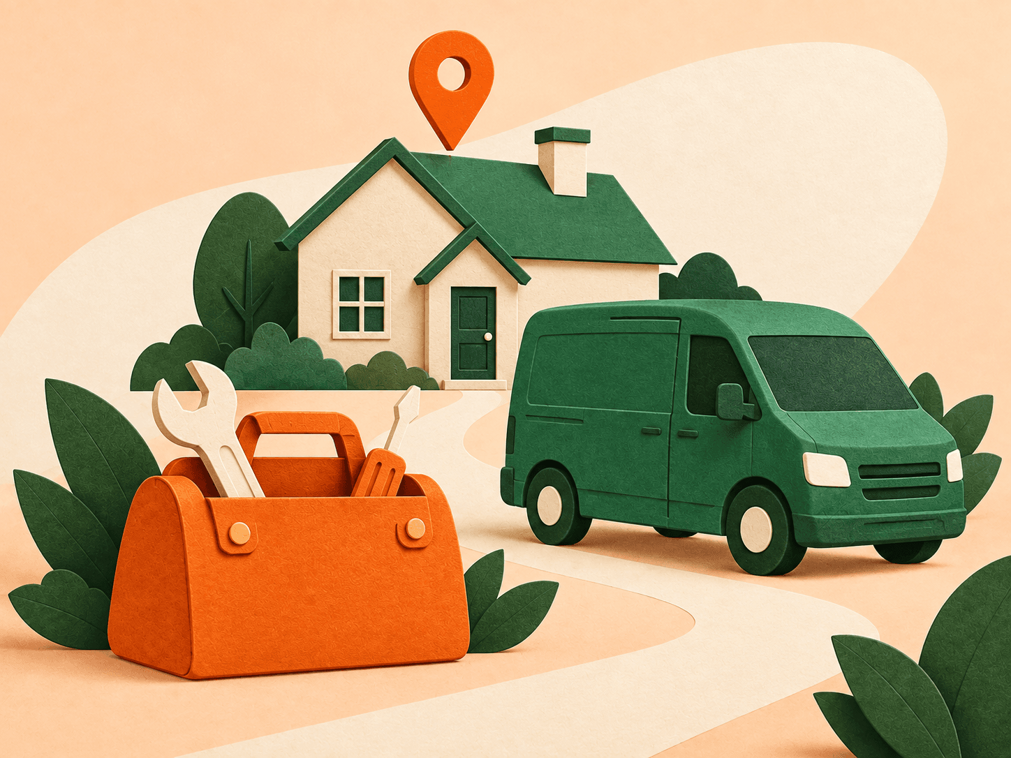 A local home, green service van, and orange tool bag made from textured paper